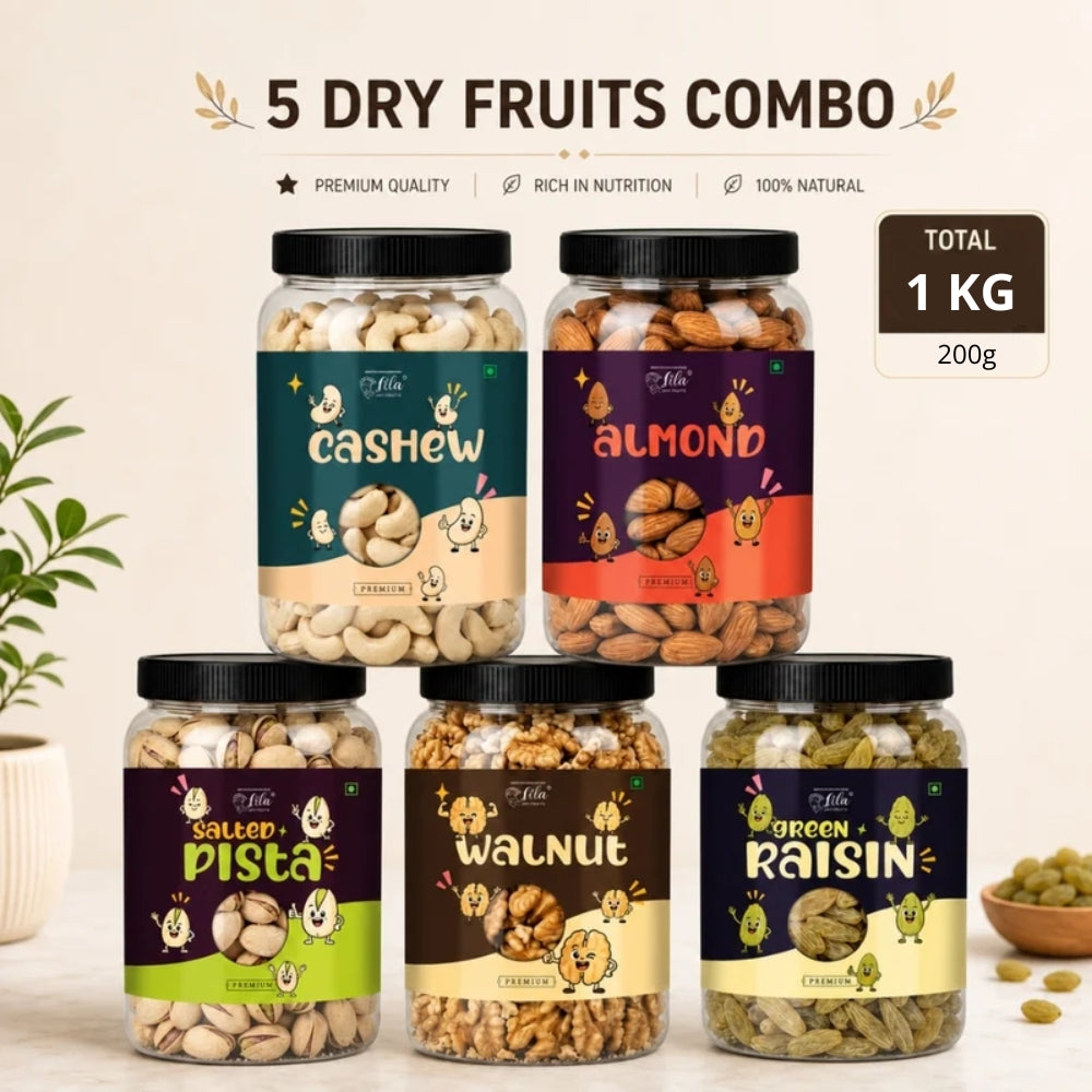 Premium 5 Dry Fruits Combo Pack (200g Each) | Cashews, Almonds, Pista, Walnuts & Raisins