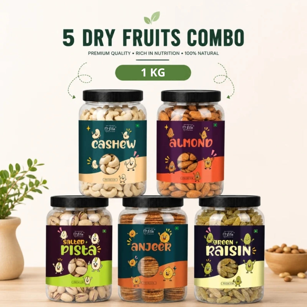 Premium 5 Dry Fruits Combo Pack (200g Each) – Cashew, Almond, Pista, Anjeer & Raisins