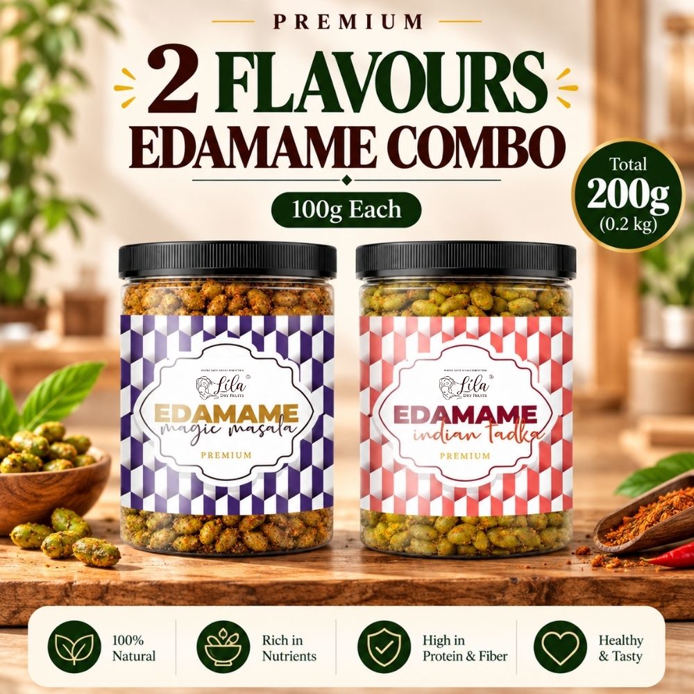 Lila Dry Fruits Premium Edamame 2 Flavours Combo – Magic Masala & Indian Tadka (Pack of 2, 100g Each)