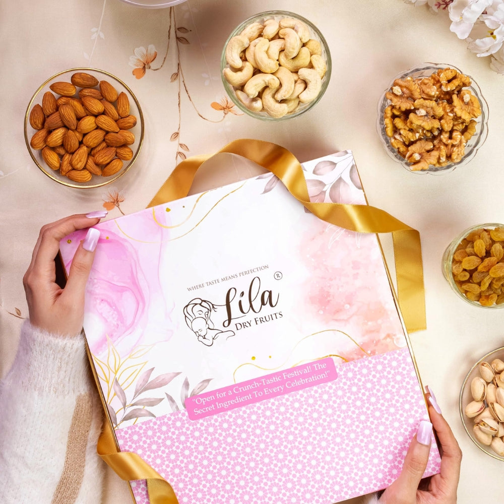 LILA DRY FRUITS Gift Hamper Cashew Almond Walnut Raisins | Assorted Nuts Premium Gift Pack Healthy Snacks Festive Diwali Wedding Gifts with Decorative Square Box Perfect For Gifting