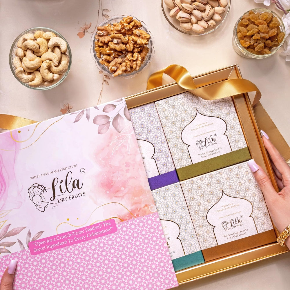 LILA DRY FRUITS Gift Hamper Cashew Almond Walnut Raisins | Assorted Nuts Premium Gift Pack Healthy Snacks Festive Diwali Wedding Gifts with Decorative Square Box Perfect For Gifting