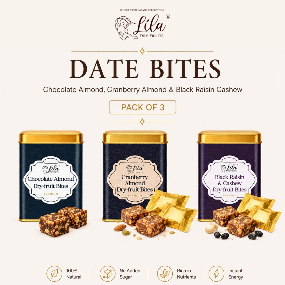 Lila Dry Fruits Date Bites Chocolate Almond, Cranberry Almond & Black Raisin Cashew (Pack of 3)