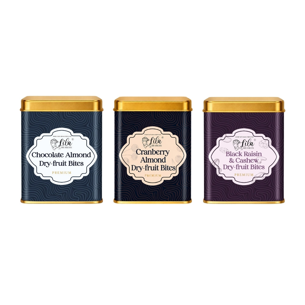 Lila Dry Fruits Date Bites Chocolate Almond, Cranberry Almond & Black Raisin Cashew (Pack of 3)