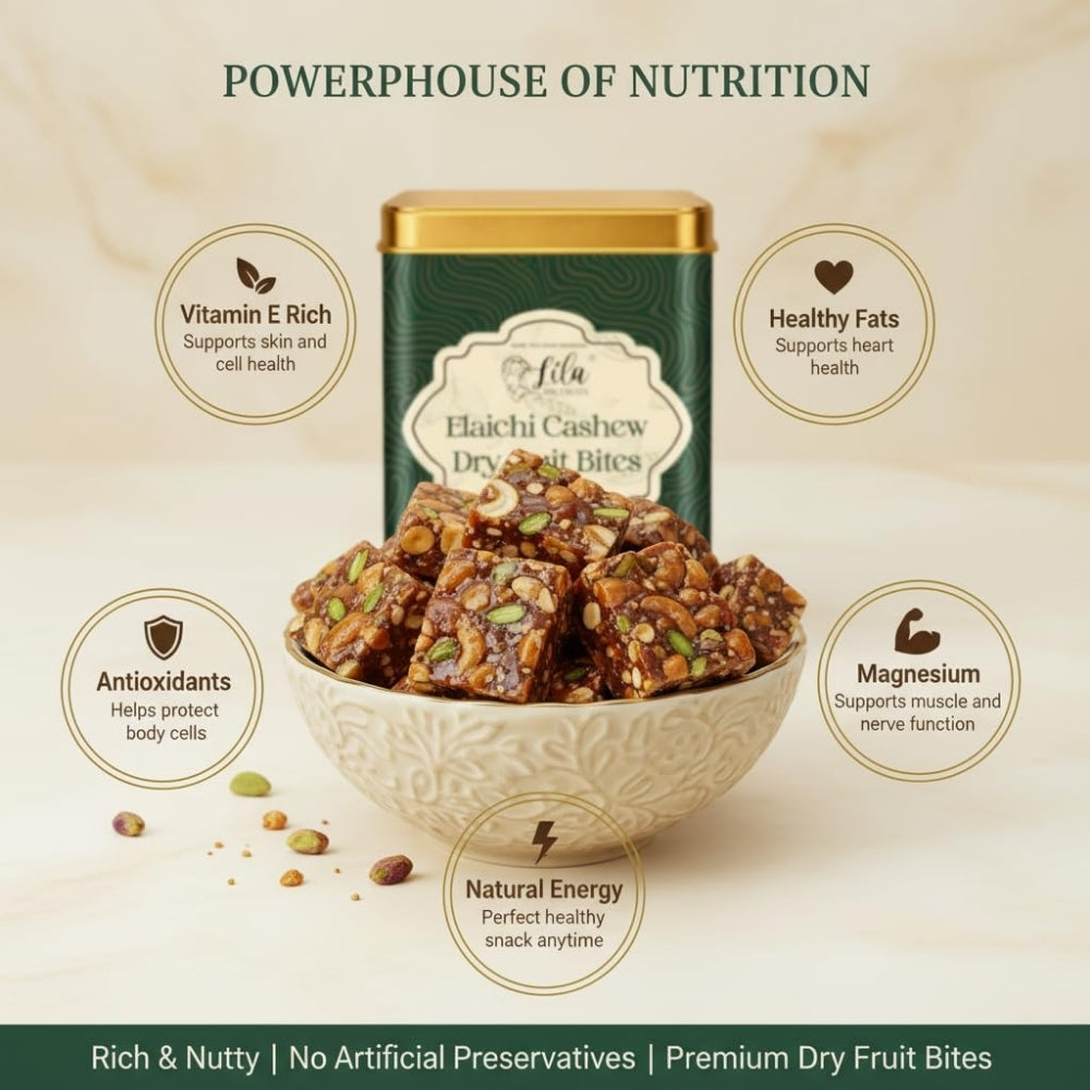 LILA DRY FRUITS Dry Fruit Bites 200 gms Elaichi Cashew Dry Fruits Barfi | Dates, Cashews, Cranberries, Desi Ghee & Cardamom
