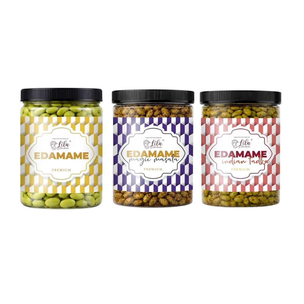 Lila Dry Fruits Premium Edamame 3 Flavours Combo – Classic, Magic Masala & Indian Tadka (Pack of 3, 100g Each)