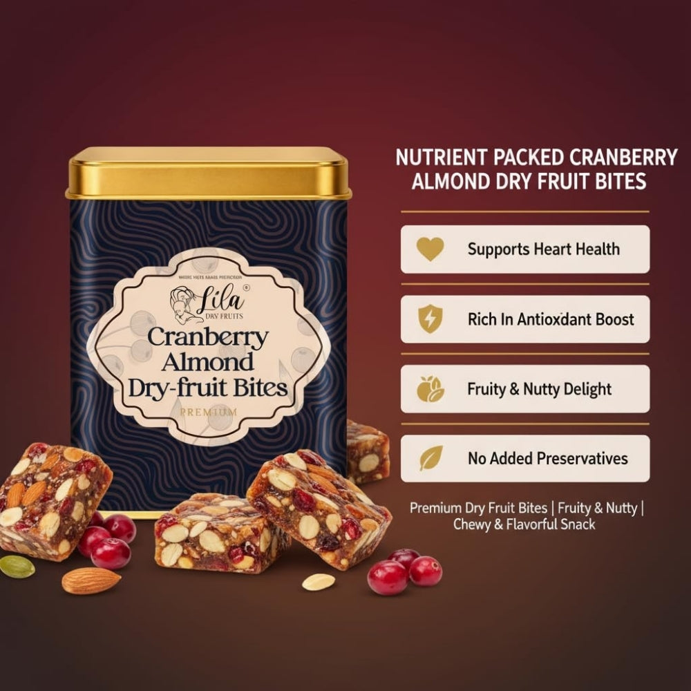 LILA DRY FRUITS Dry Fruit Bites 200 gms Cranberry Almond Dry Fruits Barfi | Dates, Almonds & Dried Cranberries with Desi Ghee