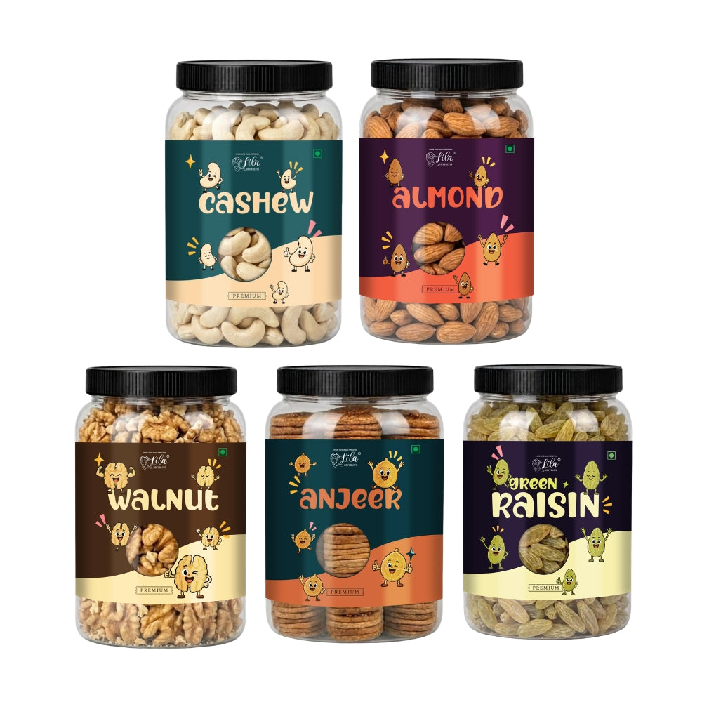 5 Dry Fruits Combo Pack (200g Each) – Cashew, Almonds, Walnuts, Anjeer & Raisins | Premium Healthy Mix