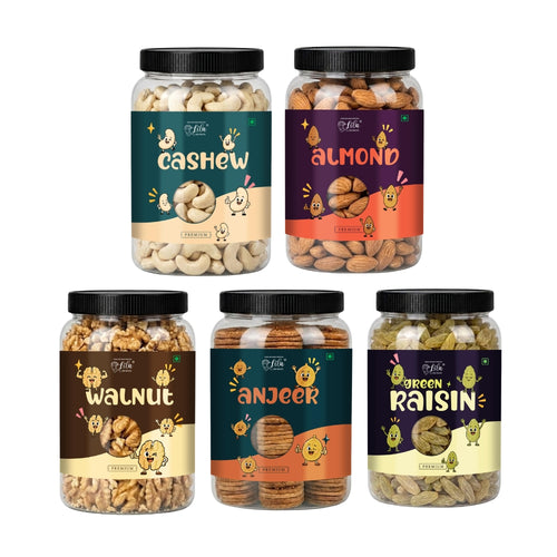 5 Dry Fruits Combo Pack (200g Each) – Cashew, Almonds, Walnuts, Anjeer & Raisins | Premium Healthy Mix