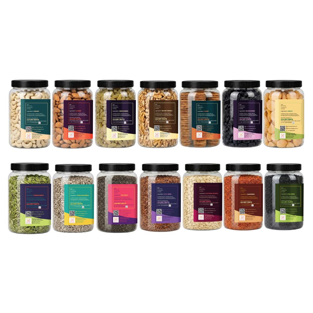 7 Seeds & 7 Dry Fruits Combo Pack (100g Each) – Cashew, Almonds, Raisins, Walnut, Anjeer, Black Raisins, Apricots, Pumpkin Seeds, Sunflower Seeds, Chia Seeds, Flax Seeds, Watermelon Seeds, Basil Seeds & Halim Seeds