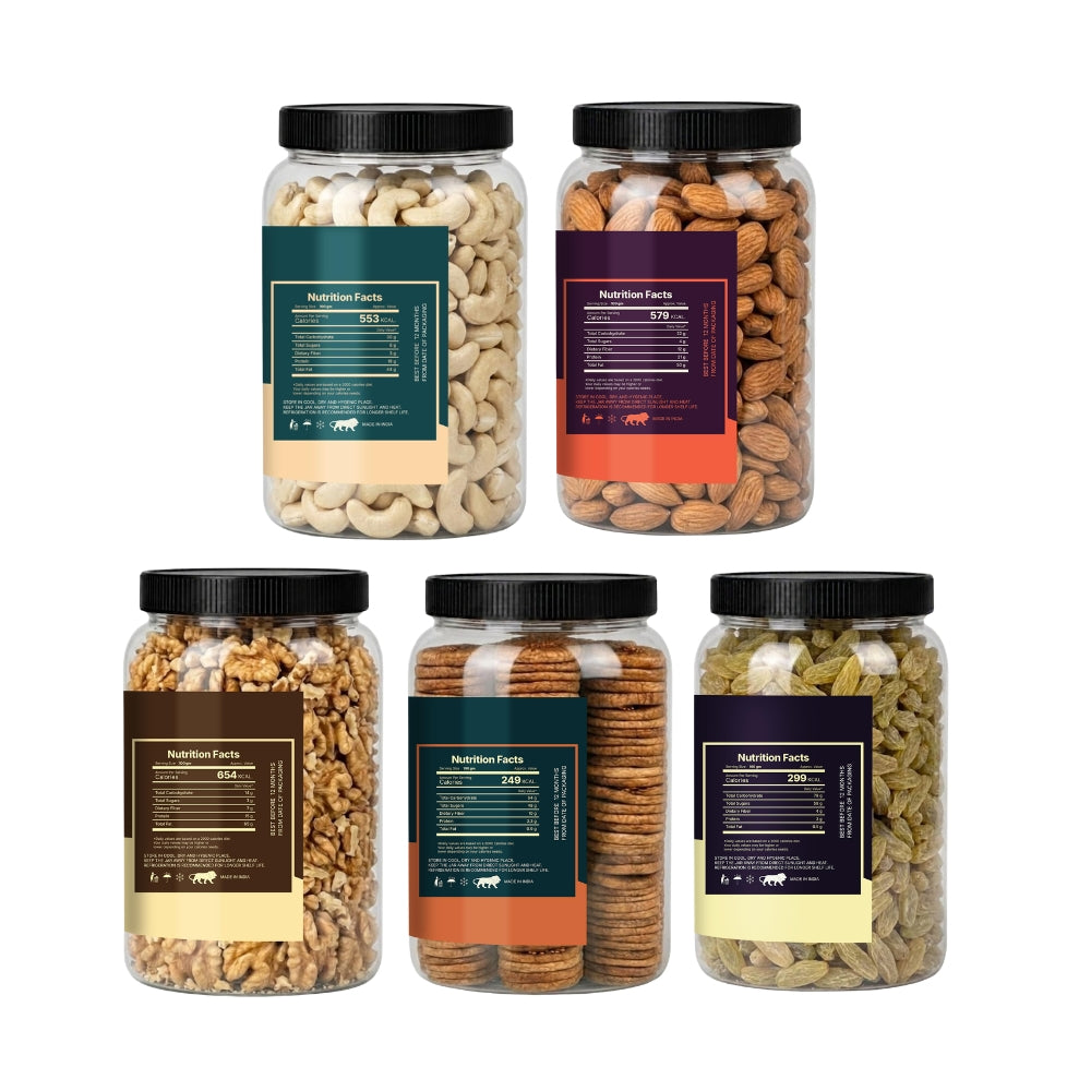 5 Dry Fruits Combo Pack (200g Each) – Cashew, Almonds, Walnuts, Anjeer & Raisins | Premium Healthy Mix