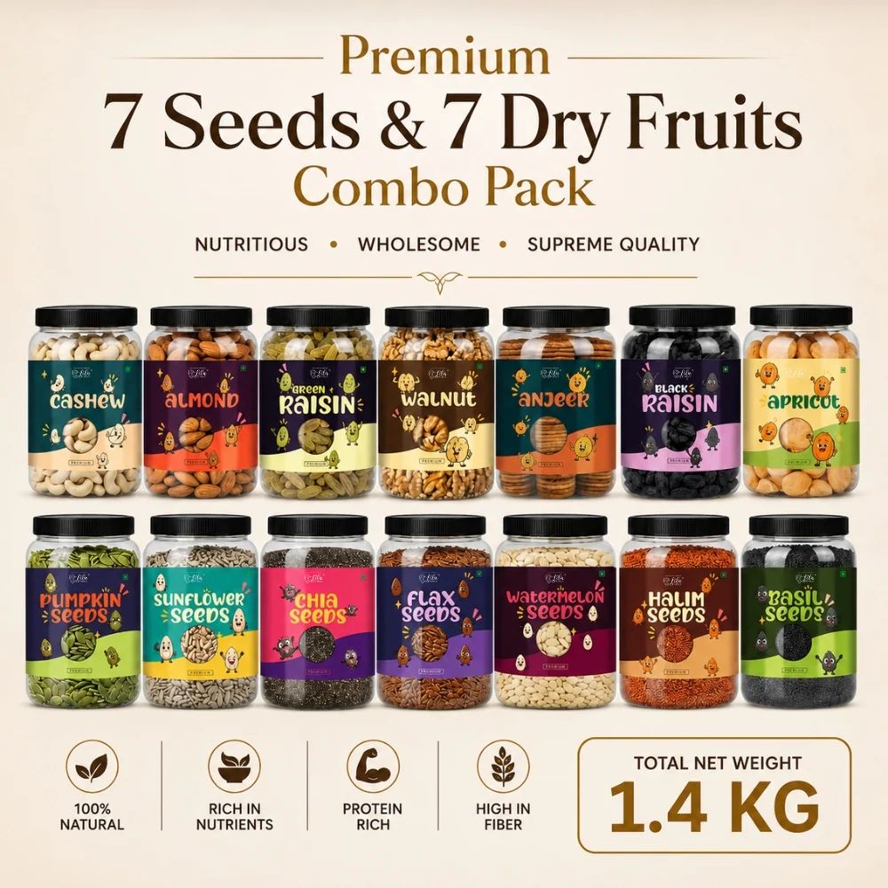 7 Seeds & 7 Dry Fruits Combo Pack (100g Each) – Cashew, Almonds, Raisins, Walnut, Anjeer, Black Raisins, Apricots, Pumpkin Seeds, Sunflower Seeds, Chia Seeds, Flax Seeds, Watermelon Seeds, Basil Seeds & Halim Seeds