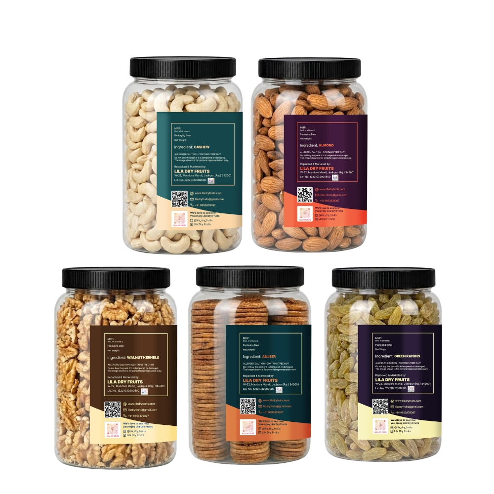 5 Dry Fruits Combo Pack (200g Each) – Cashew, Almonds, Walnuts, Anjeer & Raisins | Premium Healthy Mix