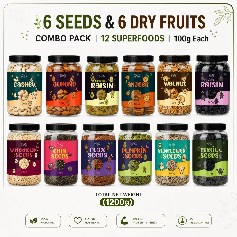 6 Seeds & 6 Dry Fruits Combo Pack | 12 Superfoods | 100g Each | Almonds, Cashews, Walnuts, Raisins, Anjeer & Black Raisins Healthy Seeds & more