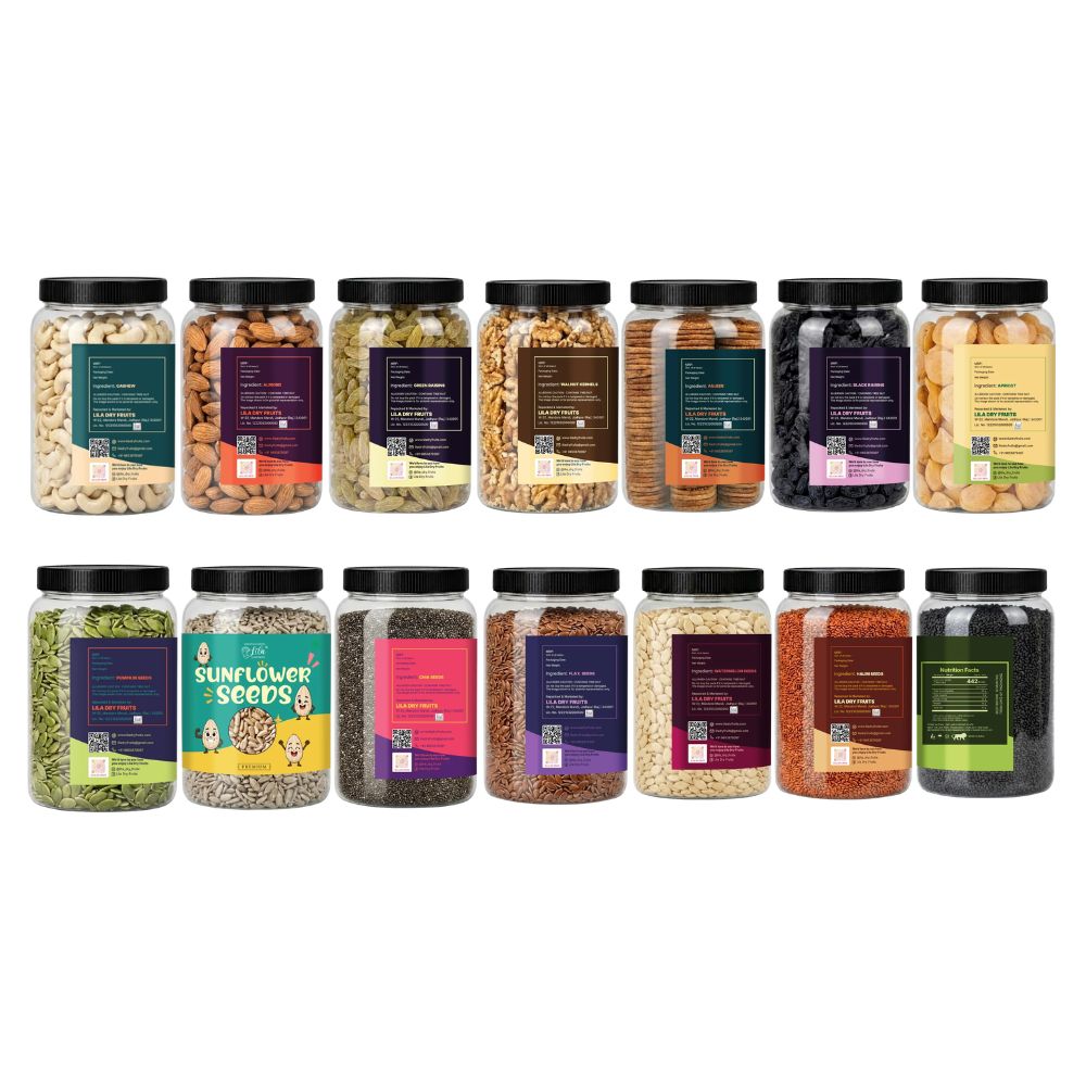 7 Seeds & 7 Dry Fruits Combo Pack (100g Each) – Cashew, Almonds, Raisins, Walnut, Anjeer, Black Raisins, Apricots, Pumpkin Seeds, Sunflower Seeds, Chia Seeds, Flax Seeds, Watermelon Seeds, Basil Seeds & Halim Seeds