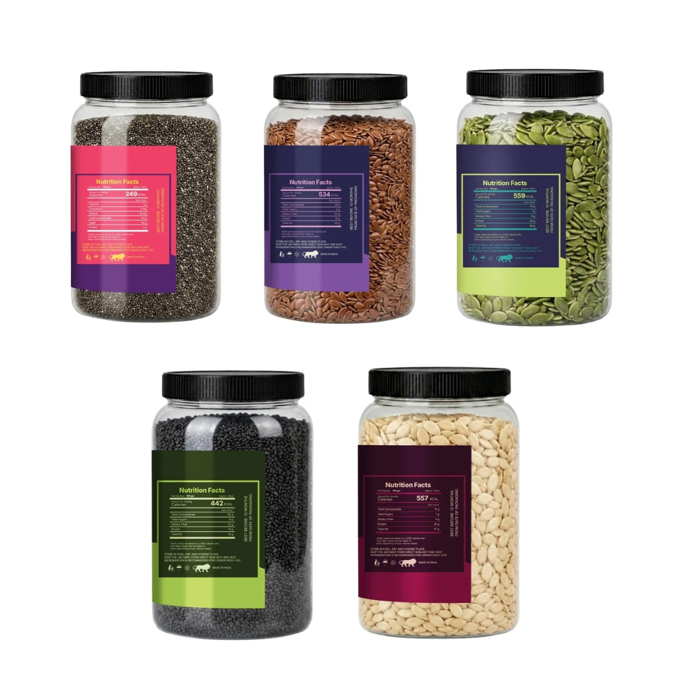 6 Premium Seeds Combo (200g Each) | Chia, Flax, Pumpkin, Sunflower, Watermelon & Basil Seeds | Total 1.2kg