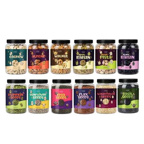 6 Premium Dry Fruits & 6 Healthy Seeds Combo Pack (100g Each) | Cashews, Almonds, Walnuts, Raisins, Pistachios, & More