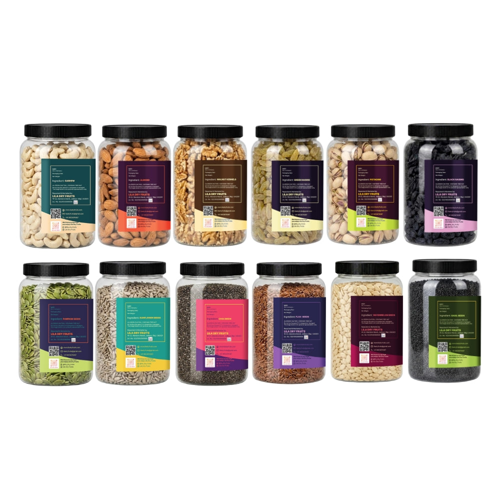 6 Premium Dry Fruits & 6 Healthy Seeds Combo Pack (100g Each) | Cashews, Almonds, Walnuts, Raisins, Pistachios, & More
