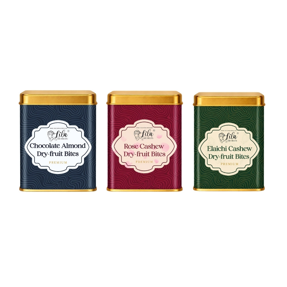 Lila Dry Fruits Date Bites Chocolate Almond, Rose Cashew & Elaichi Cashew (Pack of 3)
