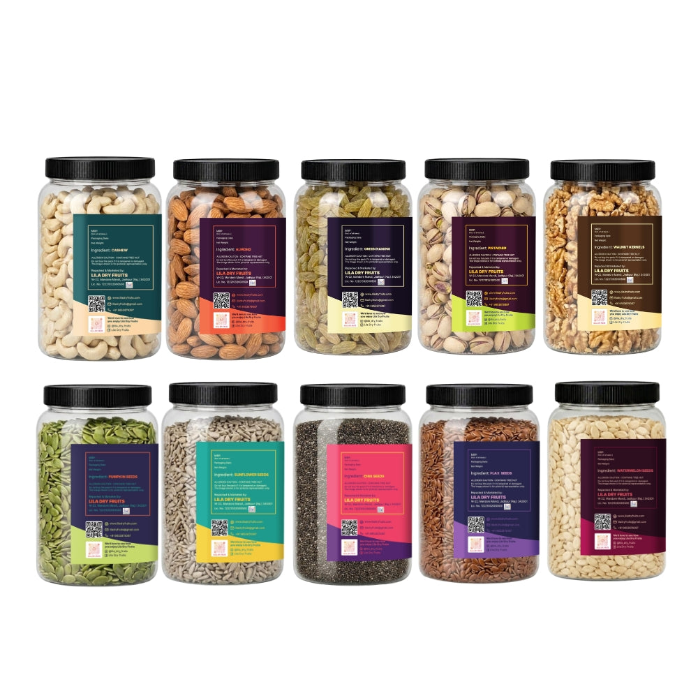 5 Premium Dry Fruits & 5 Healthy Seeds Combo Pack | 100g Each | Cashew, Almond, Raisin, Pistachio, Walnut + Pumpkin, Sunflower, Chia, Flax & Watermelon Seeds