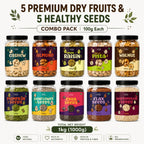 5 Premium Dry Fruits & 5 Healthy Seeds Combo Pack | 100g Each | Cashew, Almond, Raisin, Pistachio, Walnut + Pumpkin, Sunflower, Chia, Flax & Watermelon Seeds
