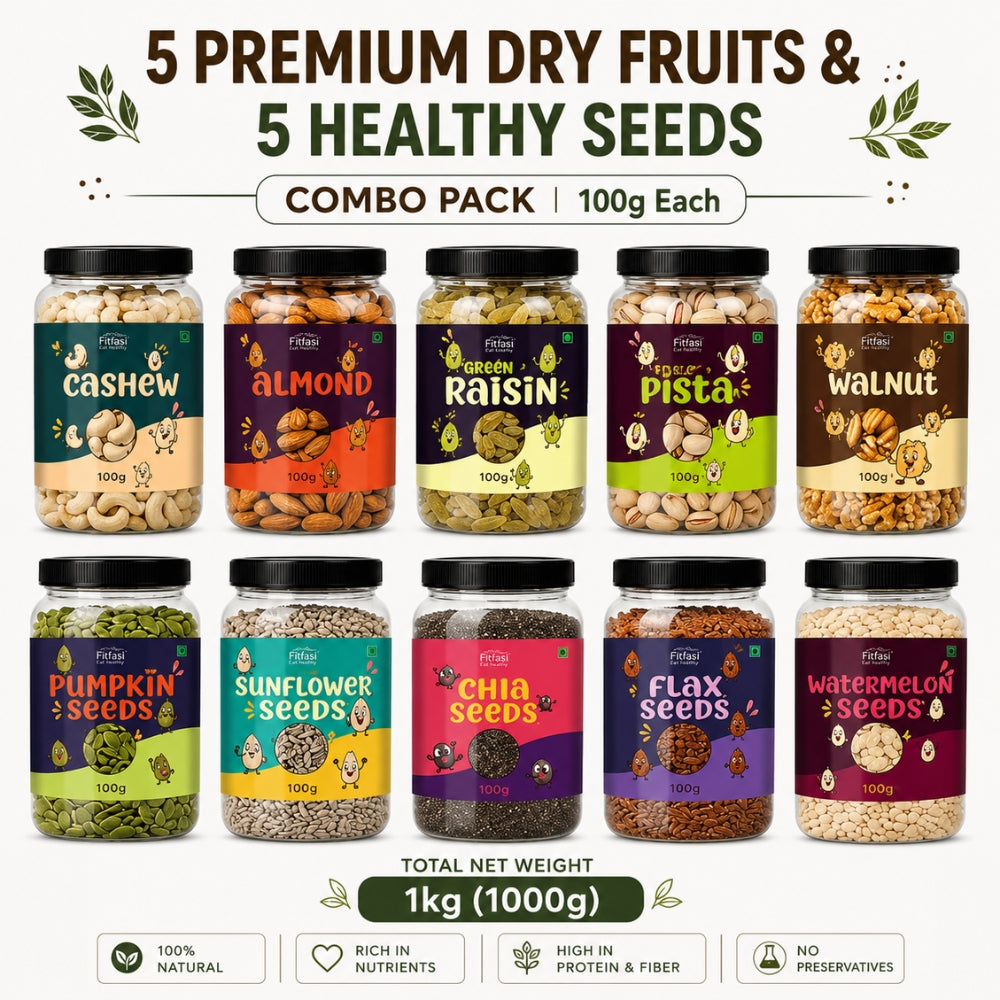 5 Premium Dry Fruits & 5 Healthy Seeds Combo Pack | 100g Each | Cashew, Almond, Raisin, Pistachio, Walnut + Pumpkin, Sunflower, Chia, Flax & Watermelon Seeds
