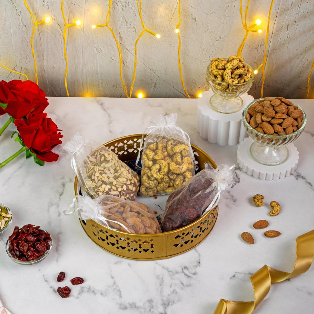 LILA DRY FRUITS Gift Hamper Roasted Cashew Almonds Seeds Mix Chatpata Cranberry | Combo Pack Festive Gift Box with Daily Use Round Tray Perfect For Gifting