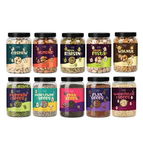 5 Premium Dry Fruits & 5 Healthy Seeds Combo Pack | 100g Each | Cashew, Almond, Raisin, Pistachio, Walnut + Pumpkin, Sunflower, Chia, Flax & Watermelon Seeds