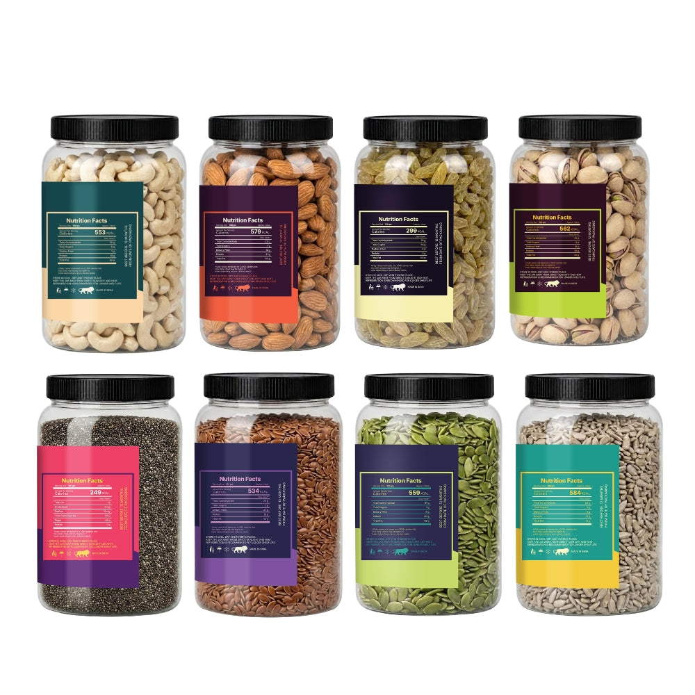 4 Seeds & 4 Dry Fruits Combo Pack | 100g Each | Cashews, Almonds, Raisins, Pistachios, Pumpkin, Sunflower, Chia & Flax Seeds