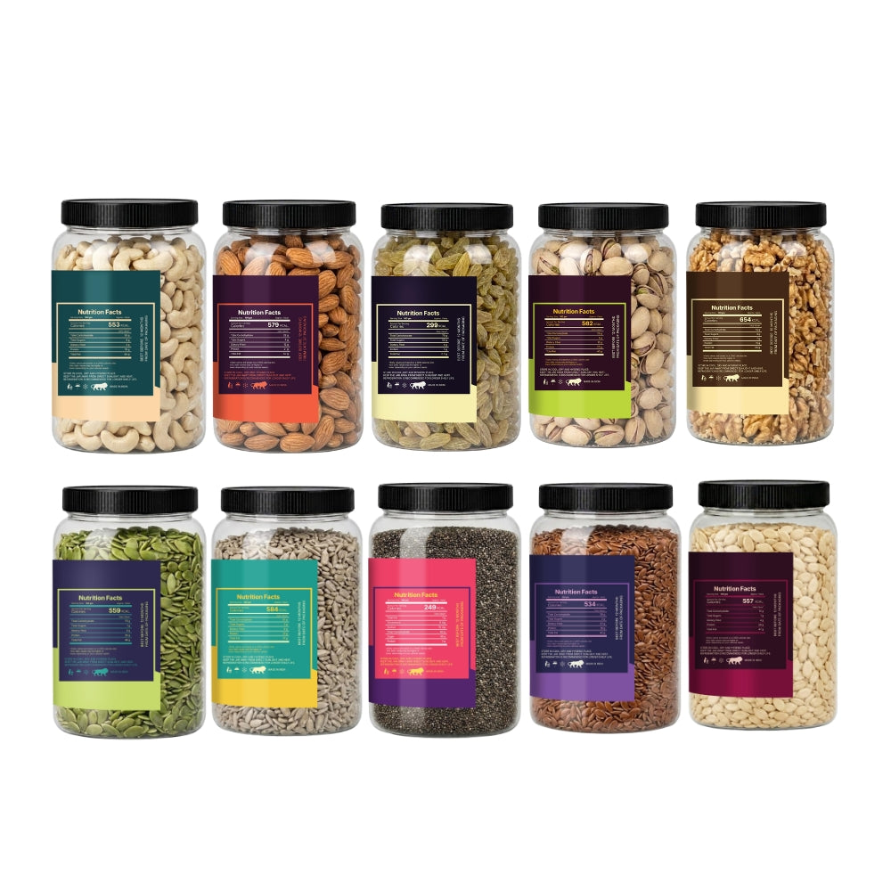 5 Premium Dry Fruits & 5 Healthy Seeds Combo Pack | 100g Each | Cashew, Almond, Raisin, Pistachio, Walnut + Pumpkin, Sunflower, Chia, Flax & Watermelon Seeds