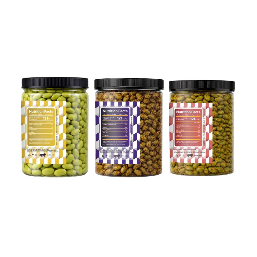 Lila Dry Fruits Premium Edamame 3 Flavours Combo – Classic, Magic Masala & Indian Tadka (Pack of 3, 100g Each)