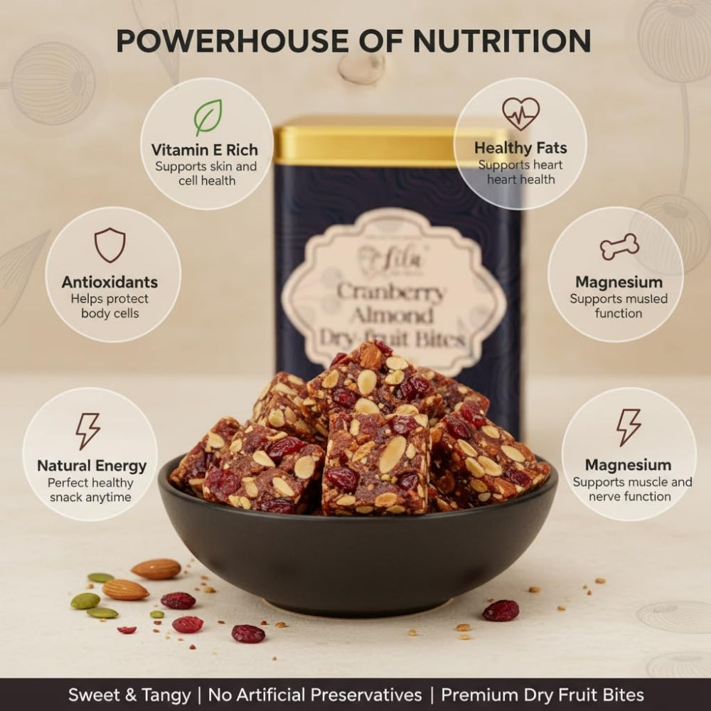 LILA DRY FRUITS Dry Fruit Bites 200 gms Cranberry Almond Dry Fruits Barfi | Dates, Almonds & Dried Cranberries with Desi Ghee