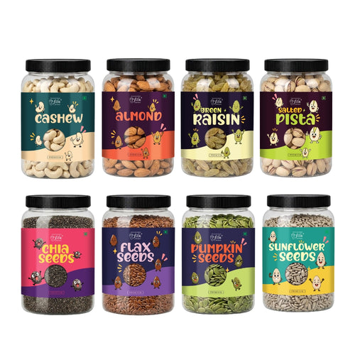 4 Seeds & 4 Dry Fruits Combo Pack | 100g Each | Cashews, Almonds, Raisins, Pistachios, Pumpkin, Sunflower, Chia & Flax Seeds