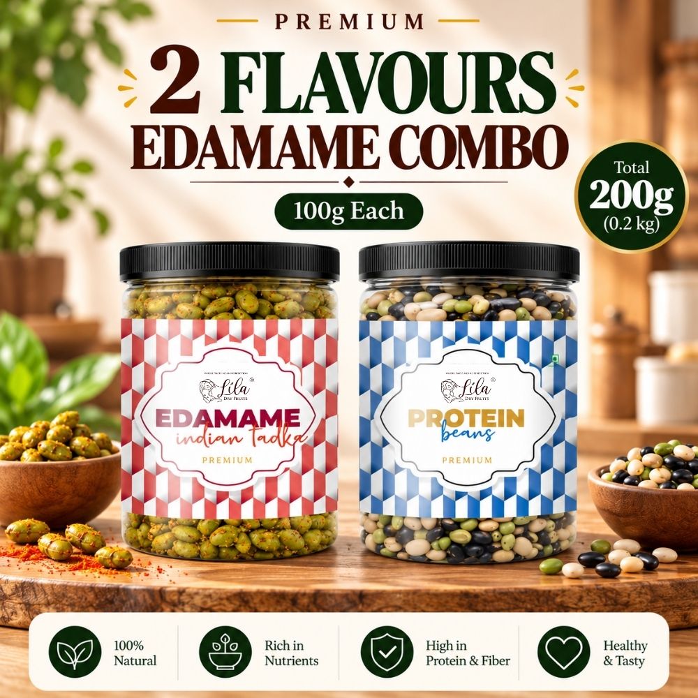 Lila Dry Fruits Premium Edamame 2 Flavours Combo – Indian Tadka & Protein Beans (Pack of 2, 100g Each)
