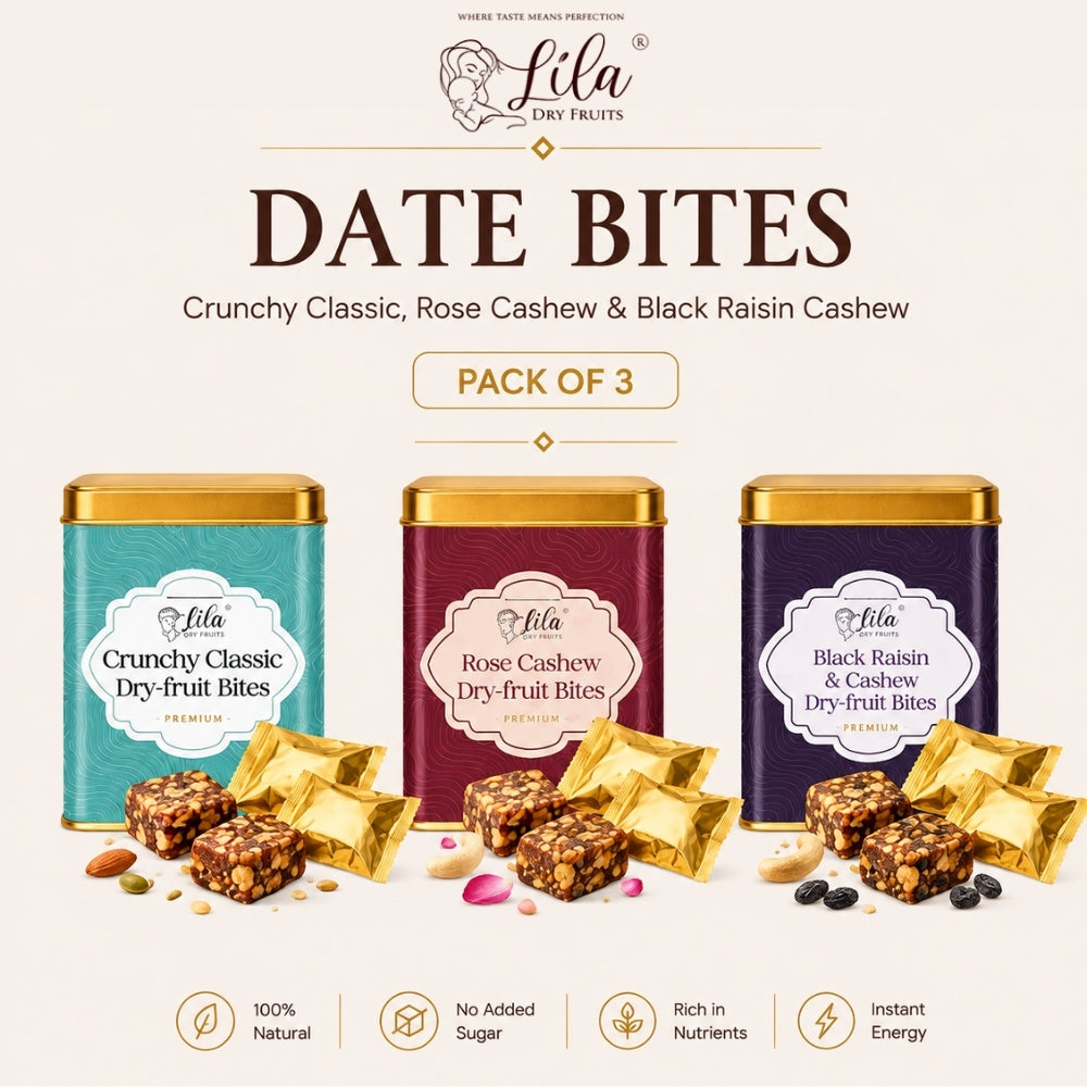 Lila Dry Fruits Date Bites Crunchy Classic, Rose Cashew & Black Raisin Cashew (Pack of 3)