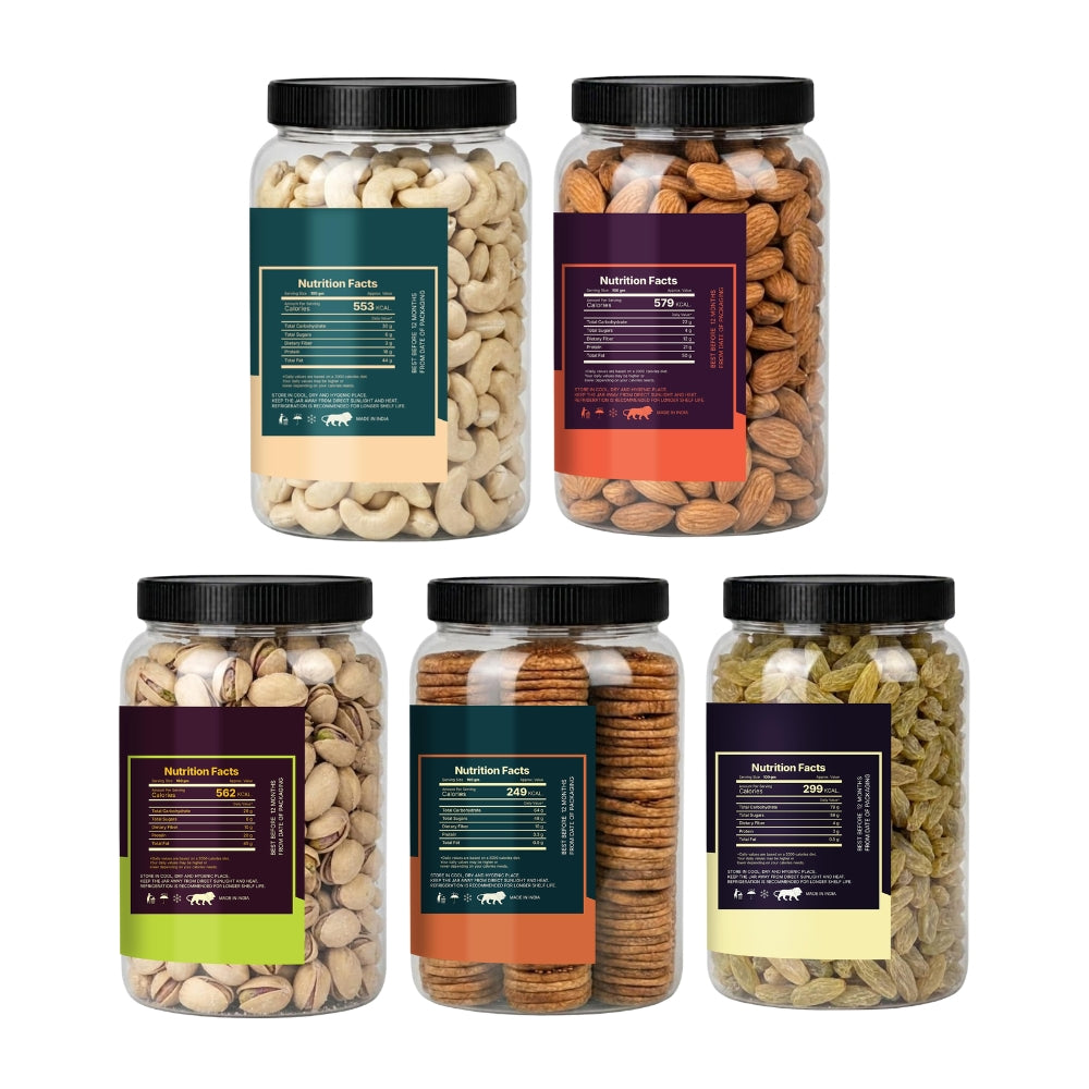 Premium 5 Dry Fruits Combo Pack (200g Each) – Cashew, Almond, Pista, Anjeer & Raisins