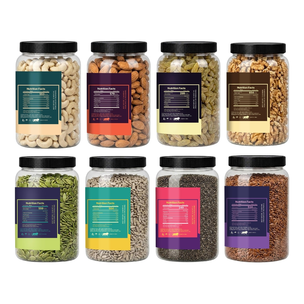 4 Seeds & 4 Dry Fruits Combo Pack (100g Each) | Cashew, Almond, Raisins, Walnut, Pumpkin, Sunflower, Chia & Flax Seeds