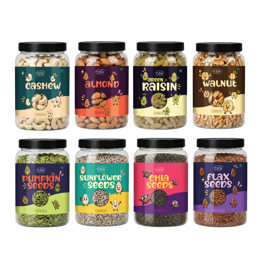 4 Seeds & 4 Dry Fruits Combo Pack (100g Each) | Cashew, Almond, Raisins, Walnut, Pumpkin, Sunflower, Chia & Flax Seeds