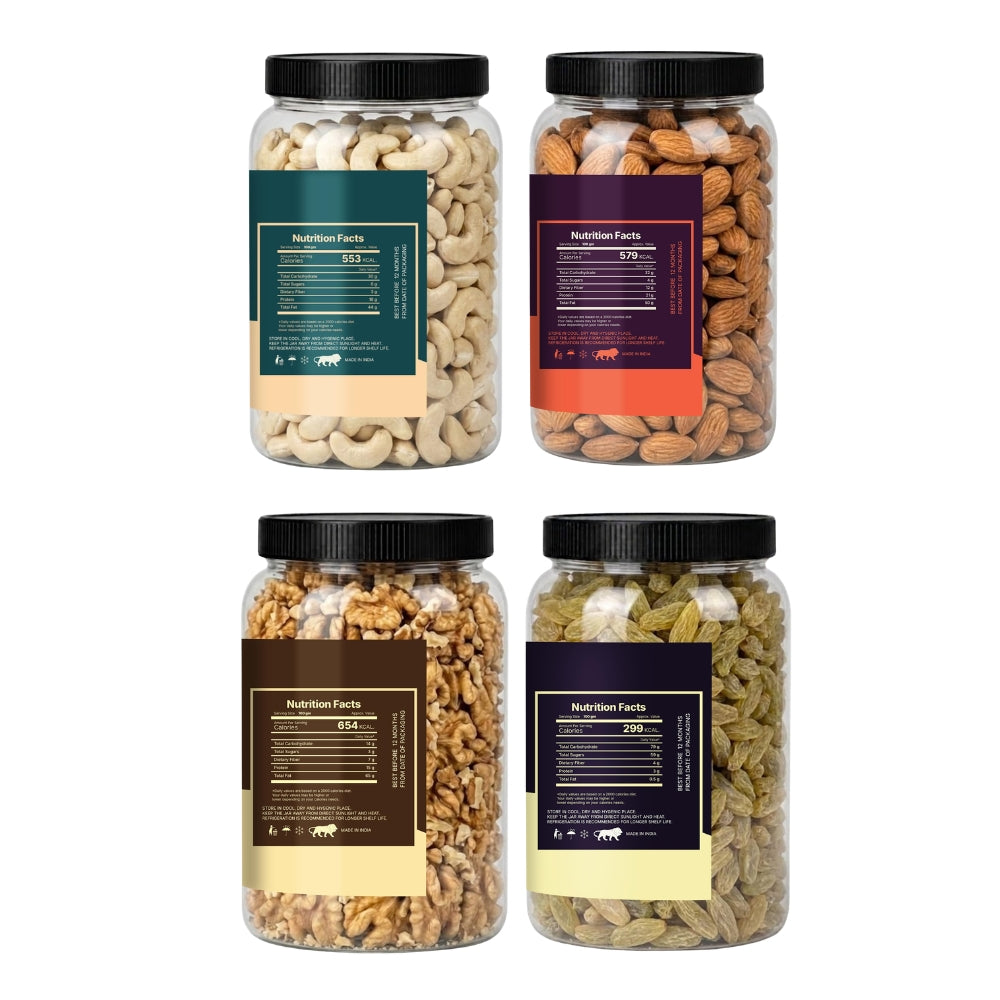 Premium 4 Dry Fruits Combo Pack (200g Each) – Cashews, Almonds, Walnuts & Raisins | Healthy Mixed Dry Fruits