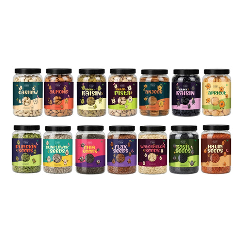7 Dry Fruits & 7 Seeds Combo | Cashew, Almonds, Raisins, Pista, Anjeer, Black Raisins, Apricots, Pumpkin, Sunflower, Chia, Flax, Watermelon, Basil & Halim Seeds
