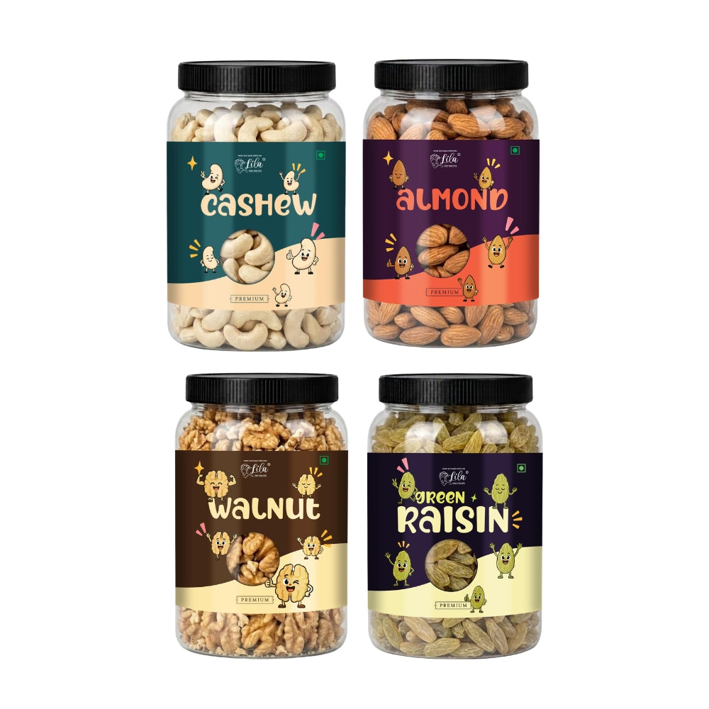 Premium 4 Dry Fruits Combo Pack (200g Each) – Cashews, Almonds, Walnuts & Raisins | Healthy Mixed Dry Fruits