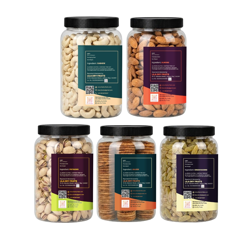 Premium 5 Dry Fruits Combo Pack (200g Each) – Cashew, Almond, Pista, Anjeer & Raisins