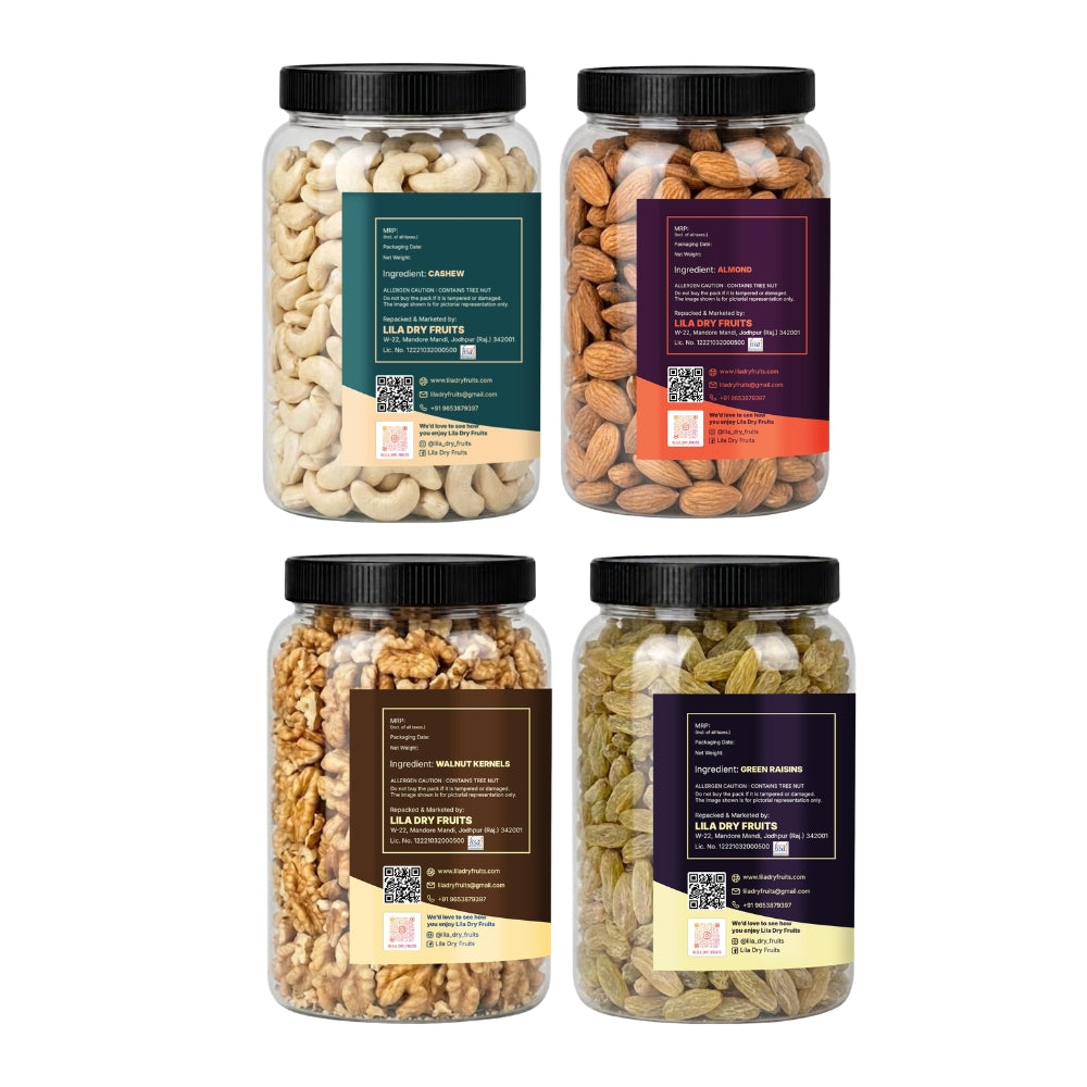 Premium 4 Dry Fruits Combo Pack (200g Each) – Cashews, Almonds, Walnuts & Raisins | Healthy Mixed Dry Fruits
