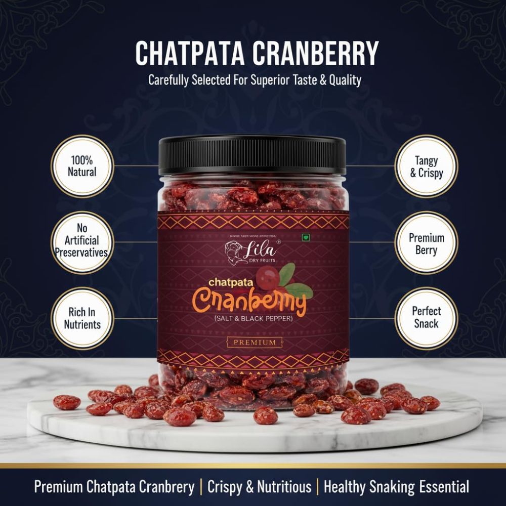 LILA DRY FRUITS Flavoured Cranberries with Black Pepper & Pink Salt Dried Cranberry Snack Tangy Spicy Cran Berries for Healthy Snacking & Munching Perfect for Gifting
