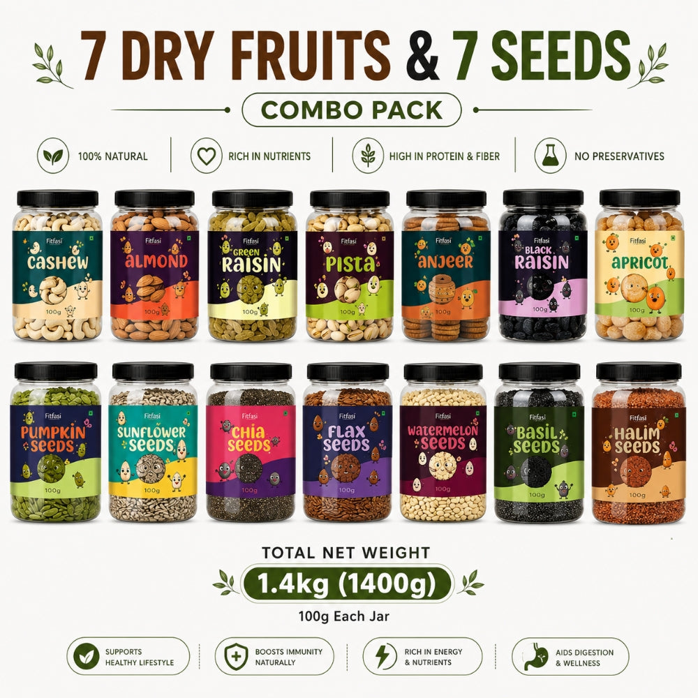 7 Dry Fruits & 7 Seeds Combo | Cashew, Almonds, Raisins, Pista, Anjeer, Black Raisins, Apricots, Pumpkin, Sunflower, Chia, Flax, Watermelon, Basil & Halim Seeds