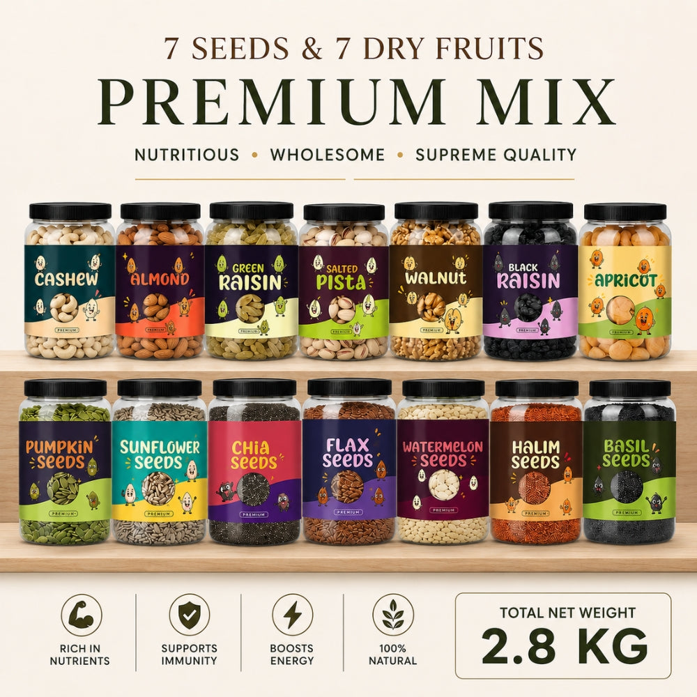 7 Seeds & 7 Dry Fruits Mix | Cashew, Almonds, Raisins, Pista, Walnut, Black Raisins, Apricots with Pumpkin, Sunflower, Chia, Flax, Watermelon, Basil & Halim Seeds | Premium Healthy Combo