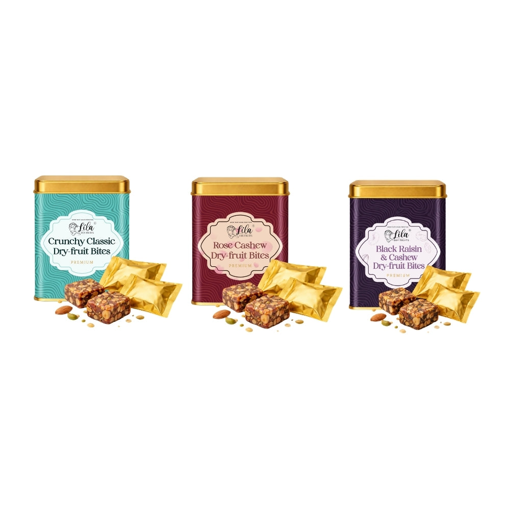 Lila Dry Fruits Date Bites Crunchy Classic, Rose Cashew & Black Raisin Cashew (Pack of 3)