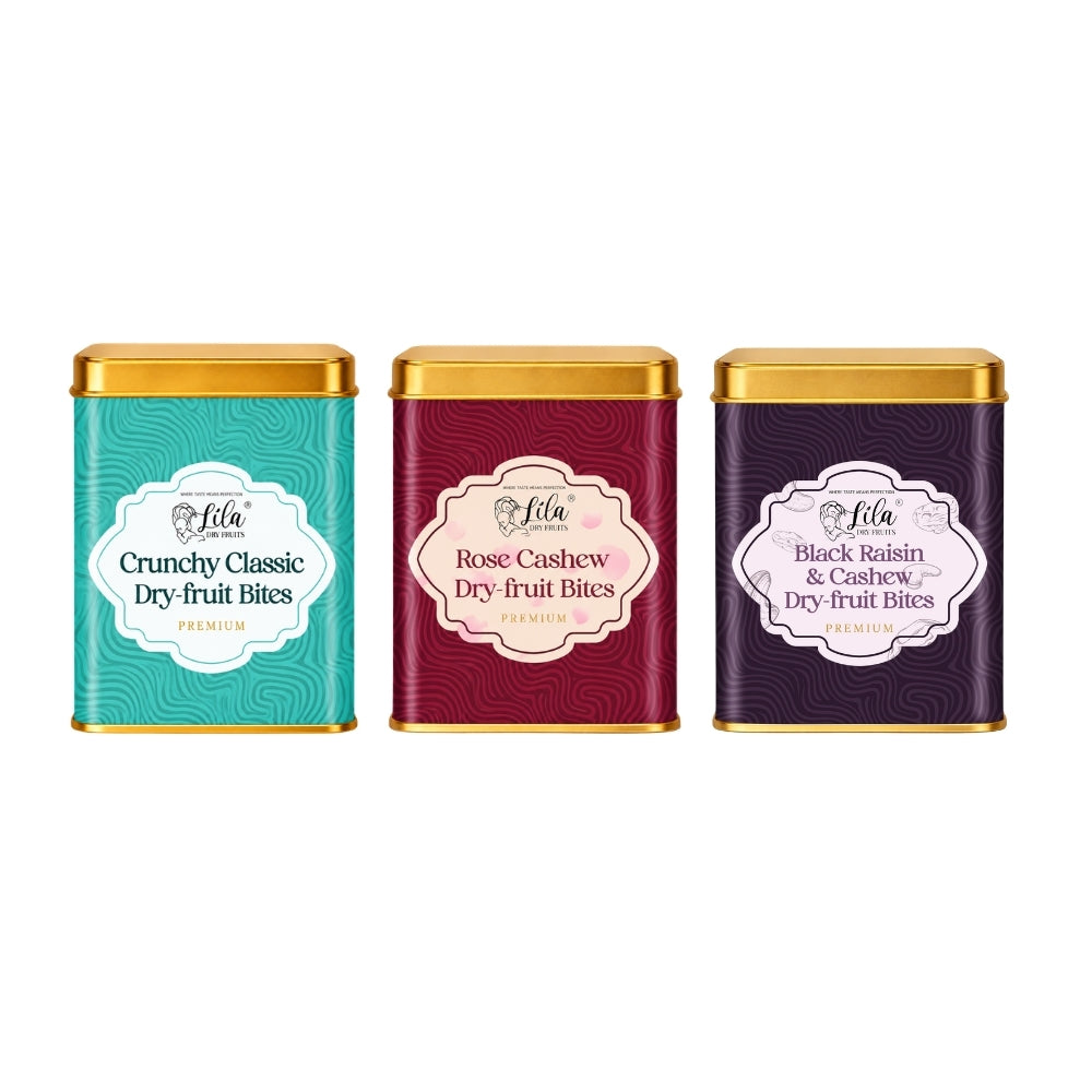 Lila Dry Fruits Date Bites Crunchy Classic, Rose Cashew & Black Raisin Cashew (Pack of 3)