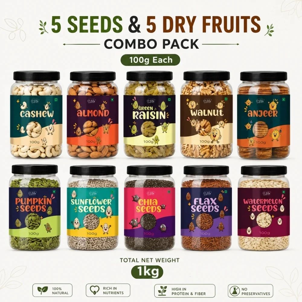 5 Seeds & 5 Dry Fruits Combo Pack – 100g Each | Cashew, Almond, Raisins, Walnut, Anjeer, Pumpkin, Sunflower, Chia, Flax & Watermelon Seeds | Healthy Superfood Mix