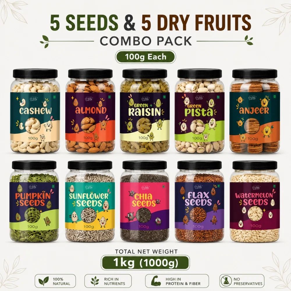 5 Seeds & 5 Dry Fruits Combo Pack | 100g Each | Cashews, Almonds, Raisins, Pistachios, Anjeer, Pumpkin, Sunflower, Chia, Flax & Watermelon Seeds | Healthy Snack Mix