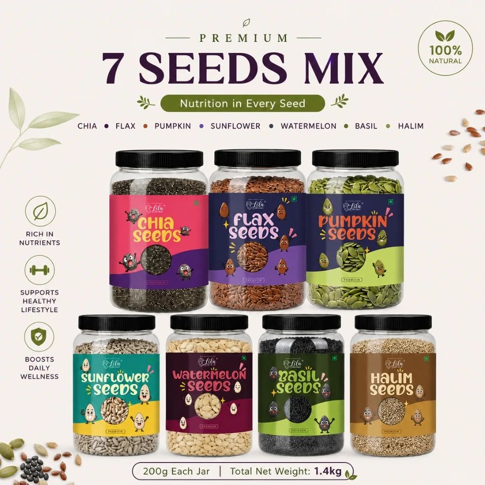 Premium 7 Seeds Mix (200g Each) – Chia, Flax, Pumpkin, Sunflower, Watermelon, Basil & Halim Seeds